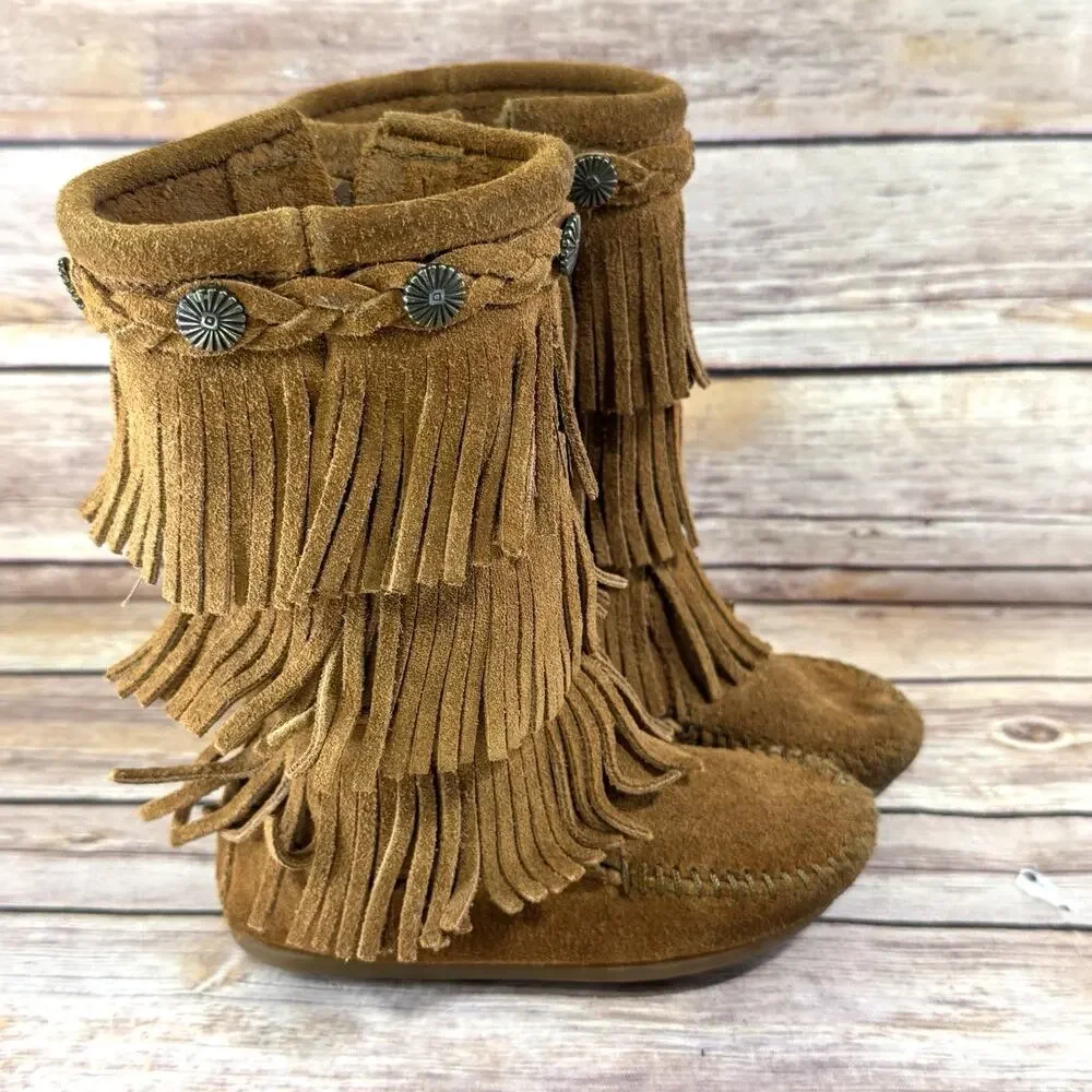 Minnetonka Toddler Girls Brown Suede Fringed Moccasin Boots 8